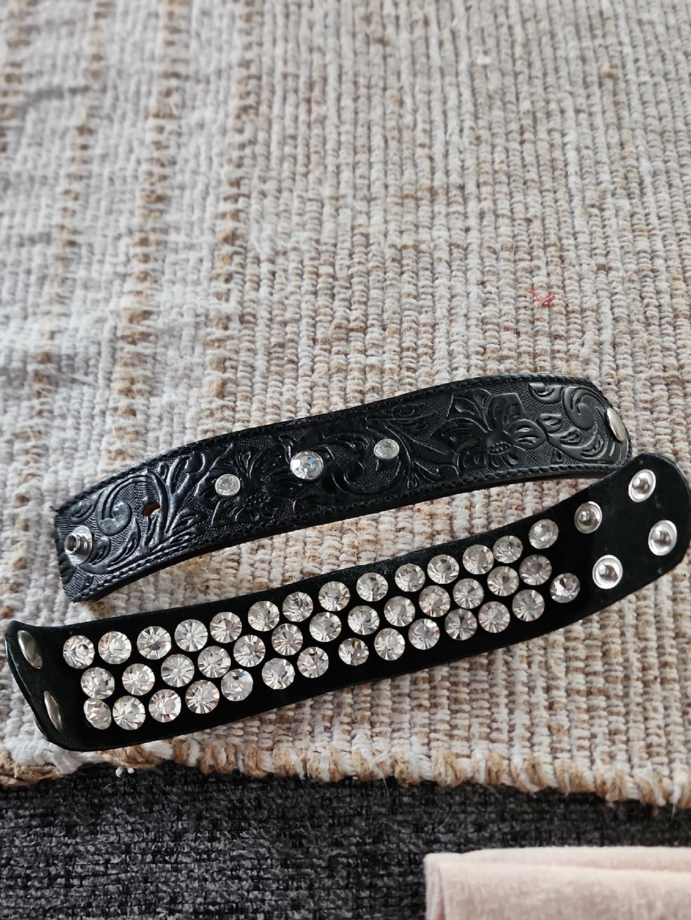 1 Black Studded Leather Bracelet Set w/ Rhinestones. 2nd Faux One Is Revesable